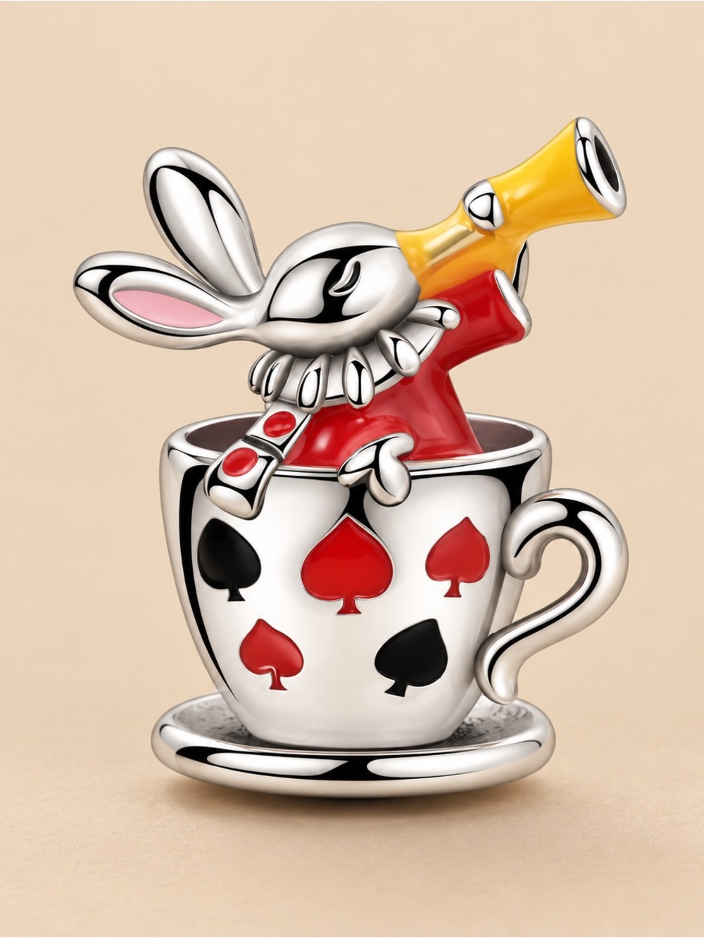 Sterling Silver Bunny in Teacup Charm - Red, Yellow Accent
